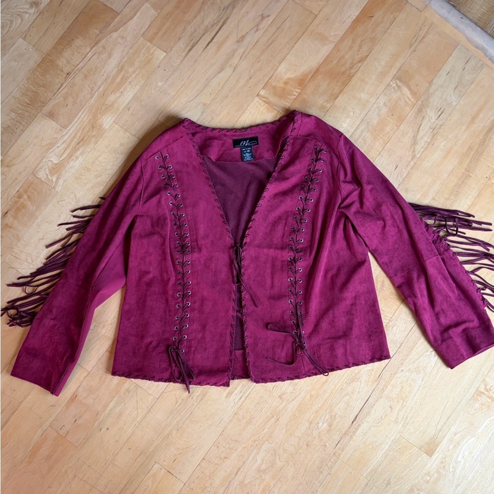 Midnight Velvet Faux Leather Cowgirl Vintage Western Fringe Laces Deep Red Sz 2x